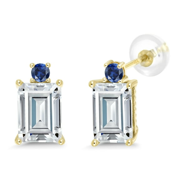 Gem Stone King 10K Yellow Gold Blue Created Sapphire Earrings Set with Moissanite (3.60 Cttw)