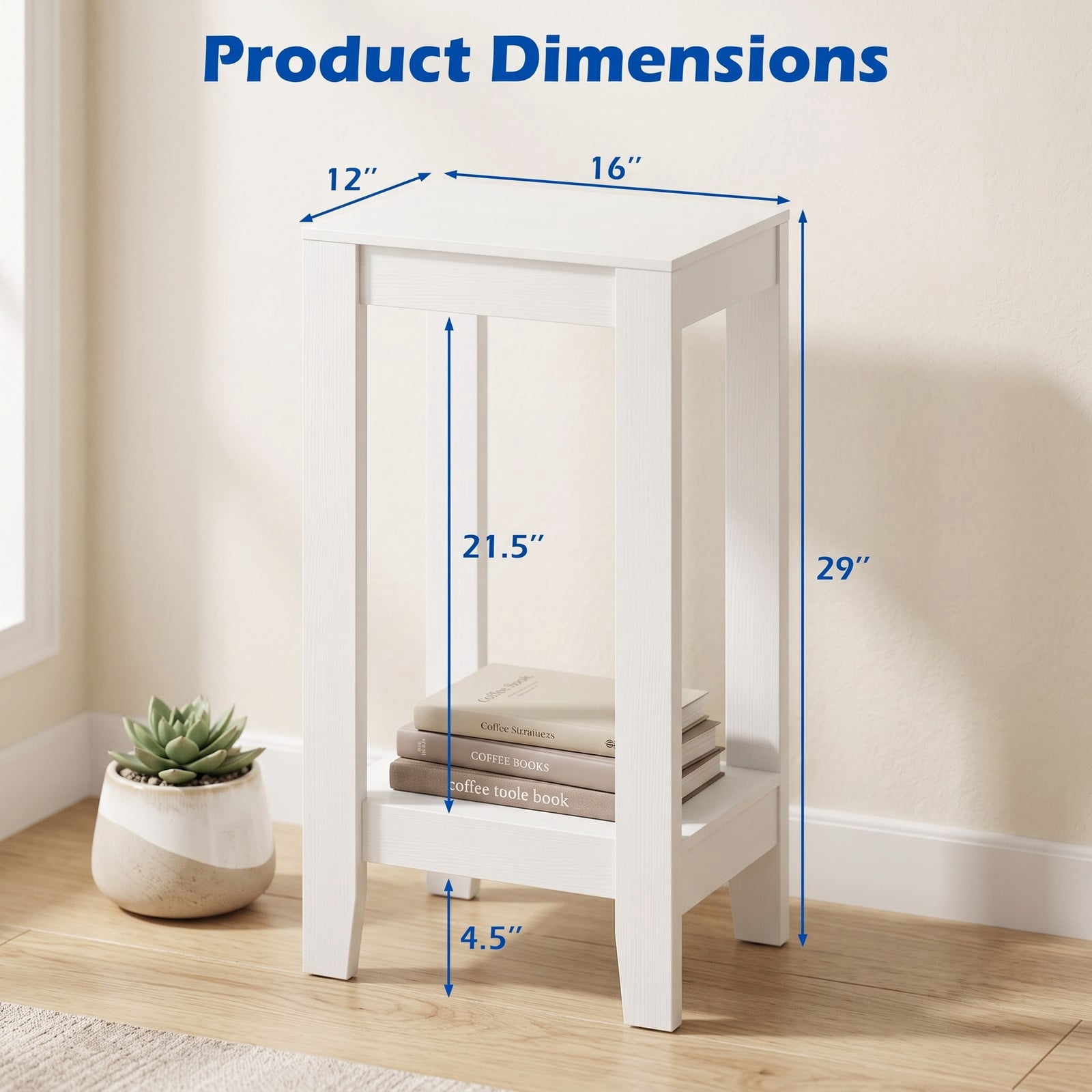 Furnibear 2-Tier Nightstand End Side Table with Wooden Legs and Storage Shelf for Bedroom Living Room Sofa Side, Anti-Toppling Narrow Bedside Accent Table, White