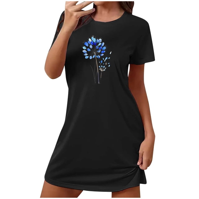 Chemises de Nuit Grande Taille pour Femmes, Vêtements de Nuit à Manches Courtes Doux et Confortables avec Imprimé Poitrine, Robe Décontractée pour Dormir à la Maison
