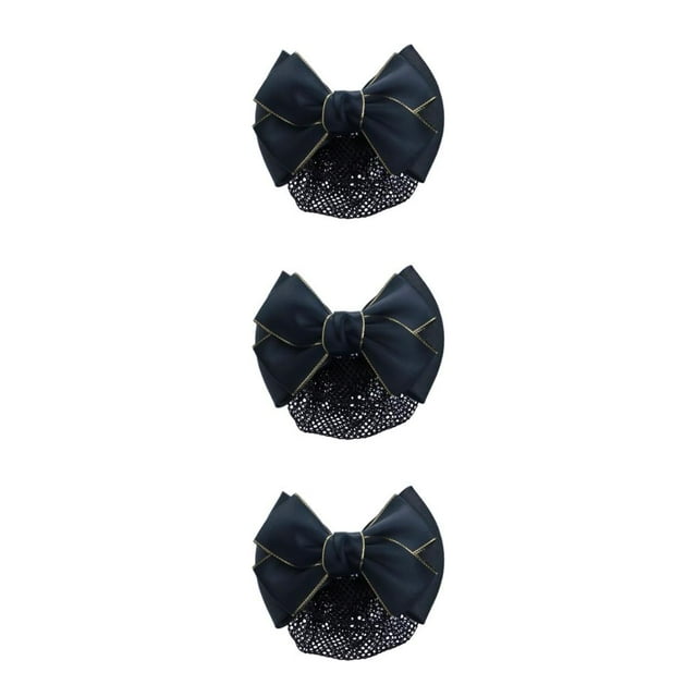 relayinert Cloth Elegant And Professional Bow Hair Net For Stylish Ladies Wide Application Bow Work Hair Clips Gold rim - black 3Set
