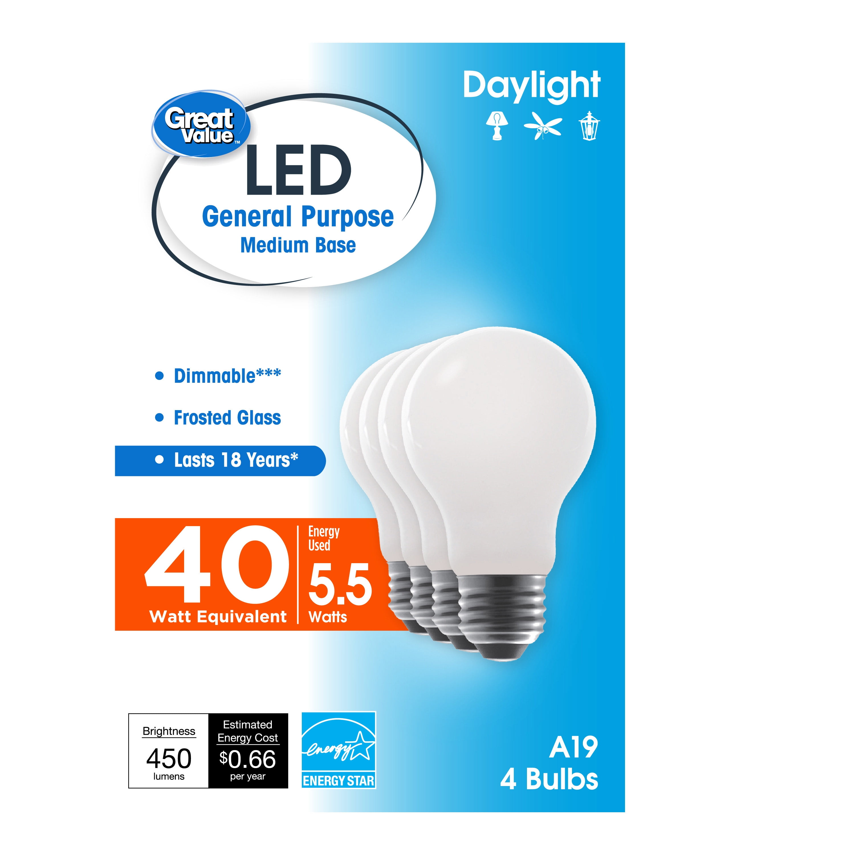 (2 pack) Great Value 18 Year LED Light Bulbs, A19 40 Watts Eqv, E26, Dim, Daylight, Frosted Glass, 4 Pack
