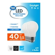 Great Value 18 Year LED Light Bulbs, A19 40 Watts Equivalent, 5 Watts Efficient, Dimmable, Daylight, Frosted Glass, 4-Pack