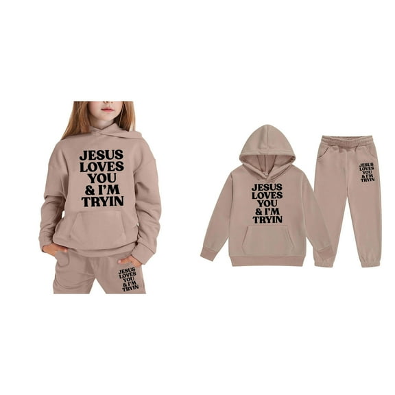 KidS Boys Jesus Loves You Print Hooded Sweatshirts Long Sleeve Fashion Graphic Hoodies Loose Pullover and Jogger Pants 2 Piece Fall Clothes Preppy Clothes 6-7 Years Cute Boys Girls Clothing