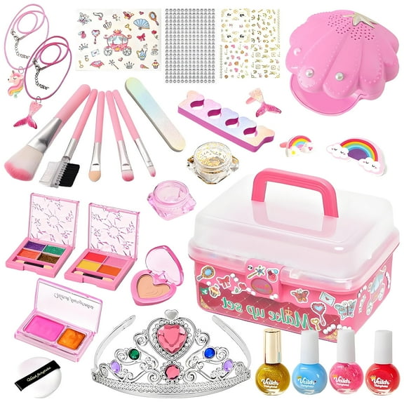 TiokMc Kids 2-in-1 Makeup & Nail Polish Kit for Girls with Nail Dryer, Princess Crown, Jewelry & DIY Stickers – Washable Cosmetic Set Birthday Gift, Ages 3-8, Pink