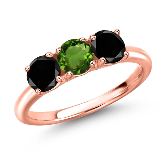 Gem Stone King 18K Rose Gold Plated Silver Green Chrome Diopside and Black Diamond Engagement Ring for Women | 1.60 Cttw | Round 5MM | Gemstone Birthstone | Size 5