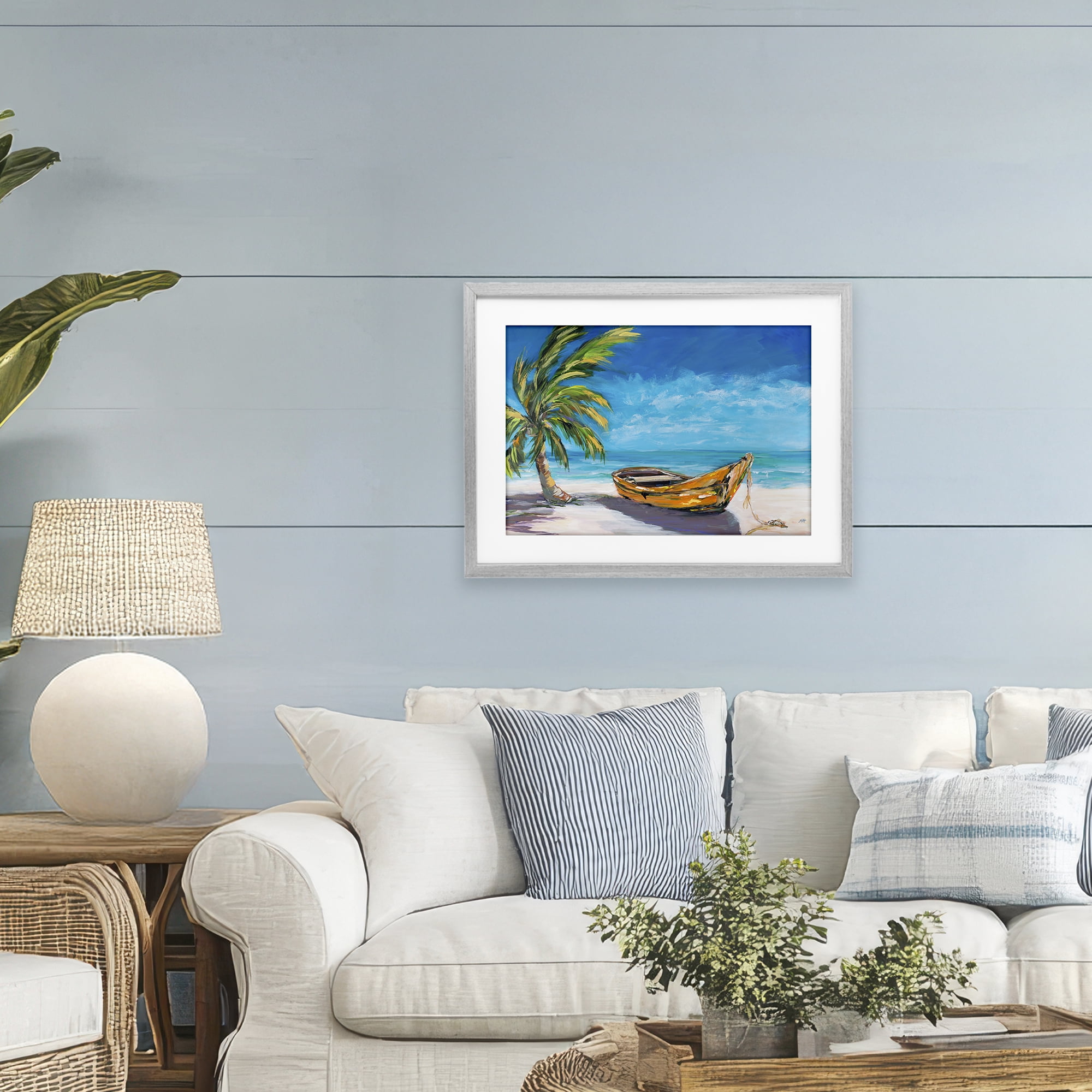Stupell Industries Lost Island Palm & Boat Gray Framed Print Under Glass, design by Julie DeRice