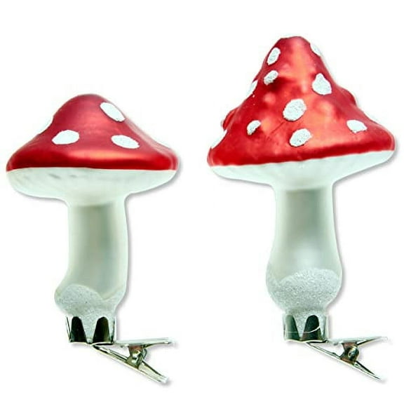 Mushroom Blown Glass Ornament Clips Christmas Holiday Decorations, Set of 2