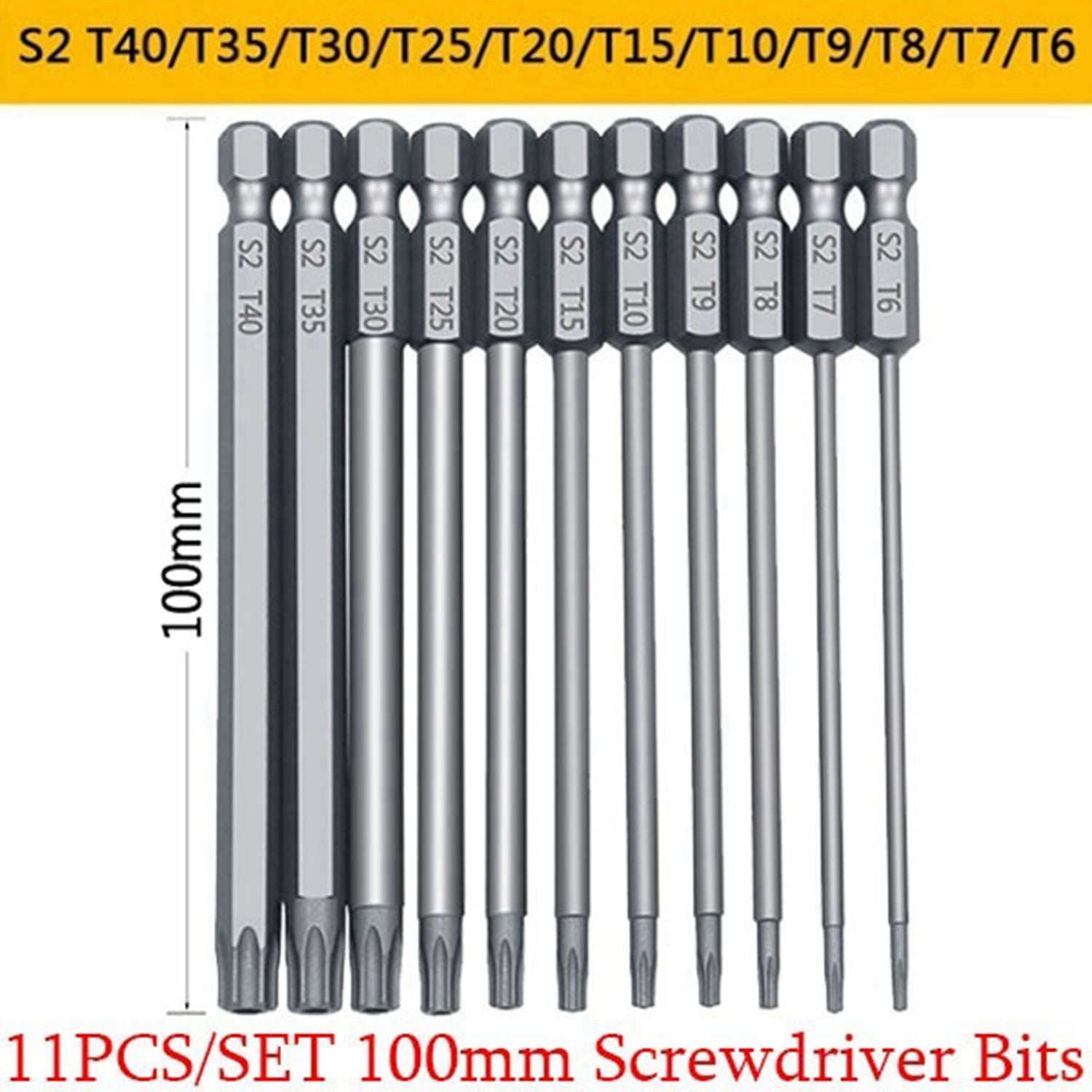 CHENJIAO Wrench 12PCS/Set 1/4 Inch Hex Shank and L Shaped Wrench Set T6-T40 Length S2 Steel Torx Head Screwdriver Drill Set Bits Color : Silver 