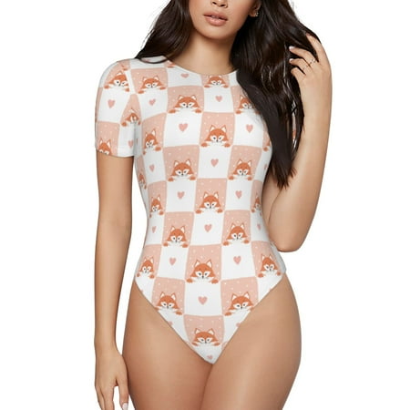 Derioi love plaid fox for Women s Short Sleeve Round Neck Bodysuit Stretchy Basic T Shirt Bodysuit Tops-Large