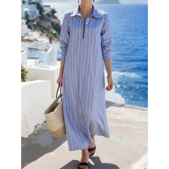 Blue Striped Long Sleeve Collared Loose Shirt Dress For Women