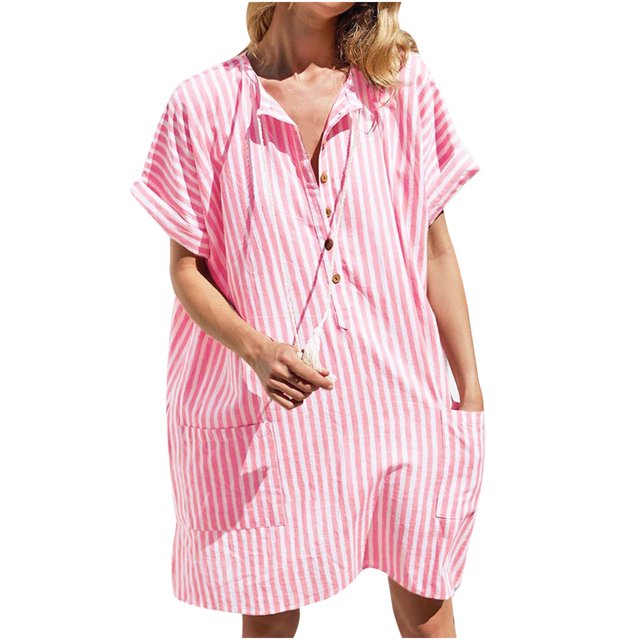 Vestido de manga corta con botones y bolsillos sueltos para vacaciones en la playa a rayas para mujer Fridja qw4911