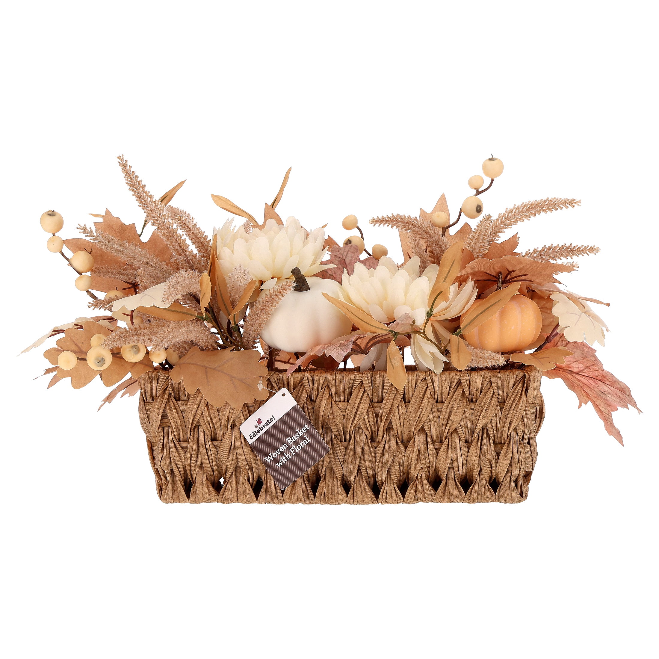 Pumpkins and Flowers Artificial Arrangement in Woven Basket, Cream and Brown, 10" x 18", Fall by Way To Celebrate