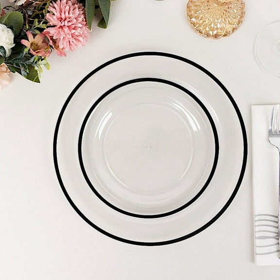 Balsa Circle 10 Clear 7" Disposable Round Plastic Dessert Plates Black Rim