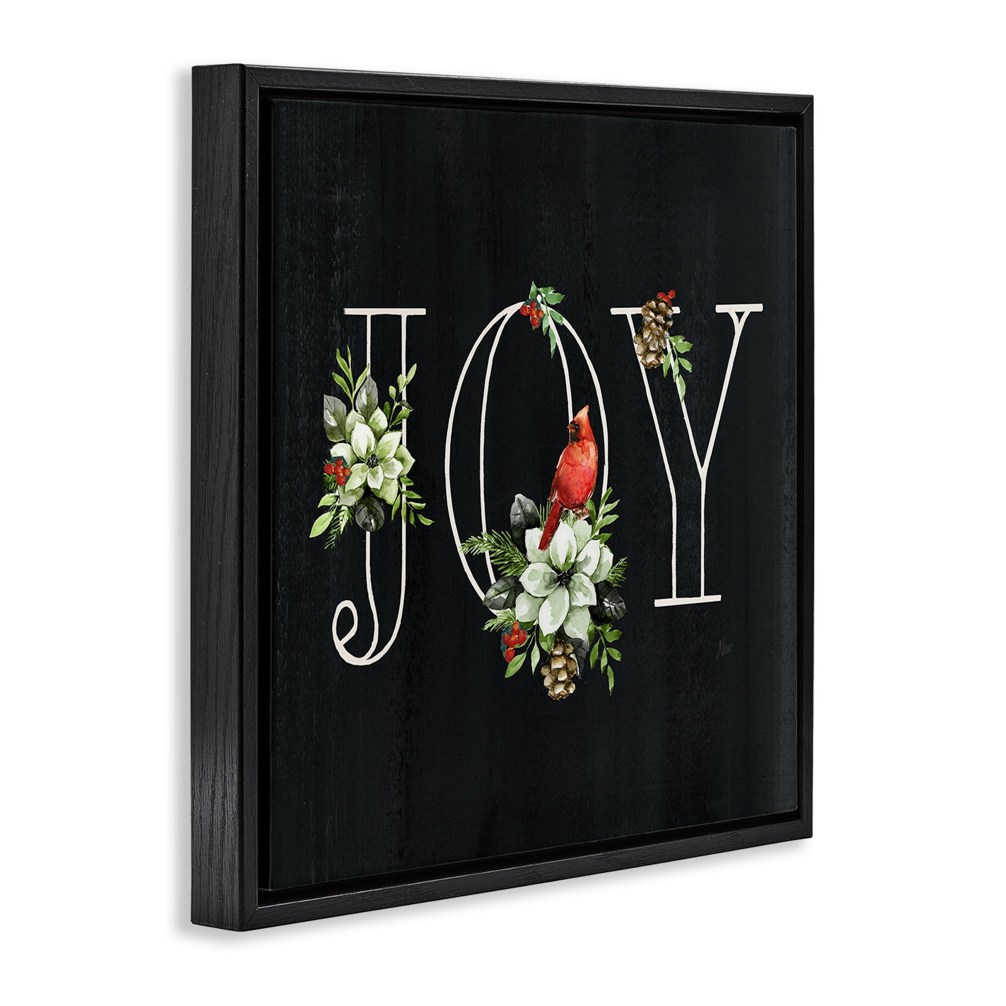Stupell Industries Joy Letters with Florals Holiday Painting Black Floater Framed Canvas Art Prints Wall Art, 25 x 25
