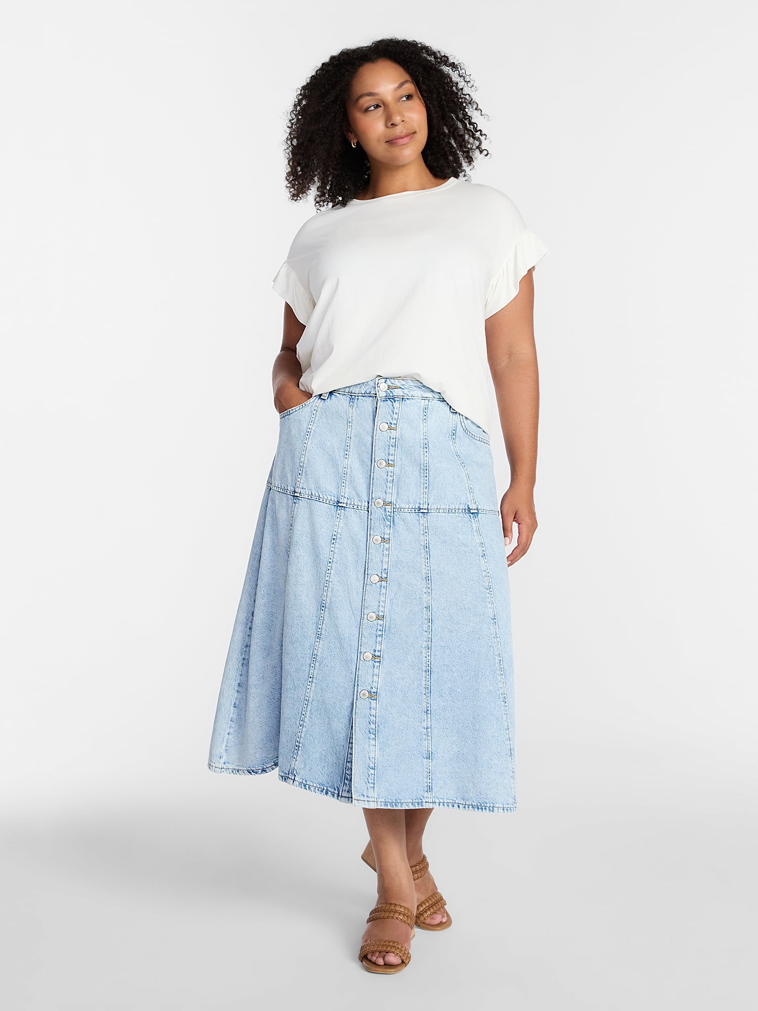 Terra & Sky Women's Plus Drapey Button Front Denim Skirt, Sizes 16W-24W