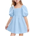 thumbnail image 3 of Milgrthf Girls Summer Dresses Square Neck Lantern Sleeve Solid Color Ruffle A-Line Party Mini Dress 2025 for 4-12 Years Blue, 3 of 9