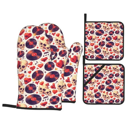 

Oven Mitts and Pot Holders 4 Pcs Set rock Skull record heart High Heat Resistant Oven Mitts Pot Holders Long Kitchen Oven Glove for Kitchen Cooking