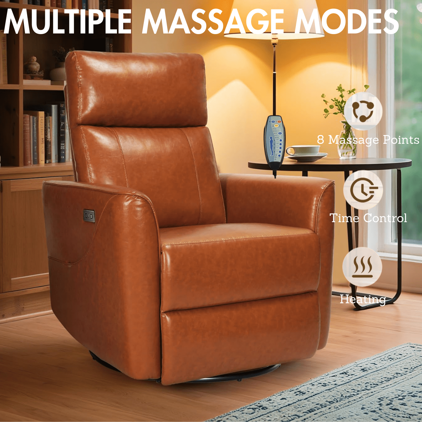 Legooin Multi-Function Power Recliner Chair with 8-Point Massage & Heat - 270° Swivel Rocker with USB Charging, Faux Leather Nursery Chair for Baby Adult, Orange Brown