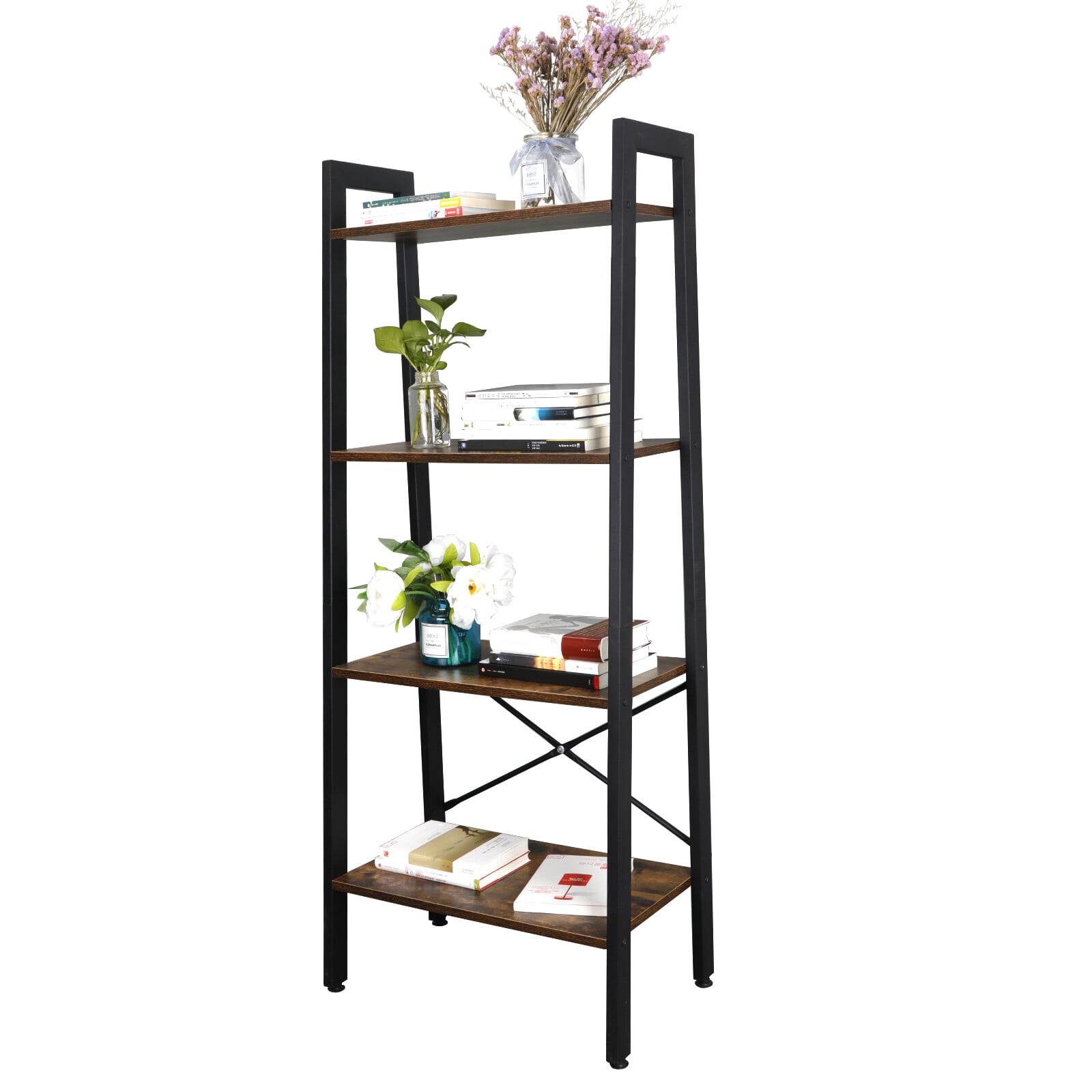 HomGarden Modern Wooden Bookshelf 4-Tier Ladder Bookcase Storage Rack Accent Furniture Rustic Brown