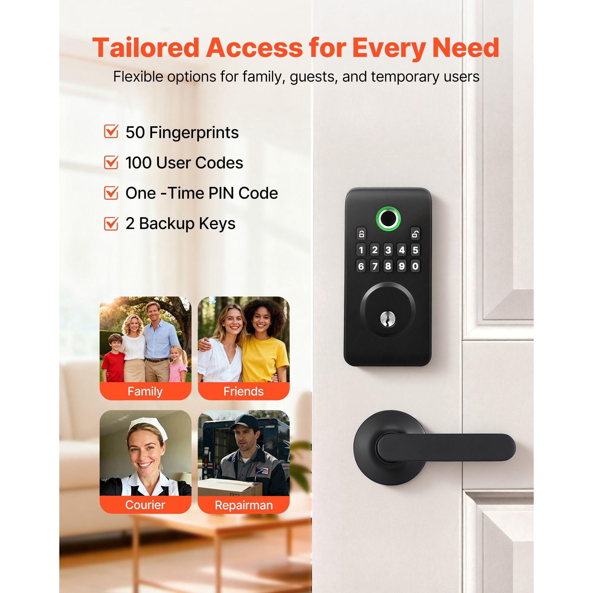 Fingerprint Door Lock Set with Handles 50 Fingerprints 100 User Codes Auto Lock Anti-Peeping for Home Matte Black