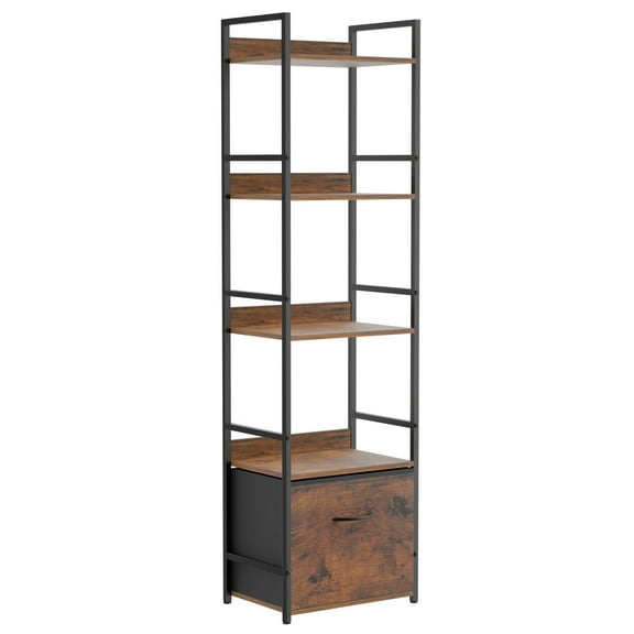 5-Tier Brown Wood & Metal Bookcase with Fabric Drawer Narrow Storage Shelf for Living Room, Home Office, Bedroom