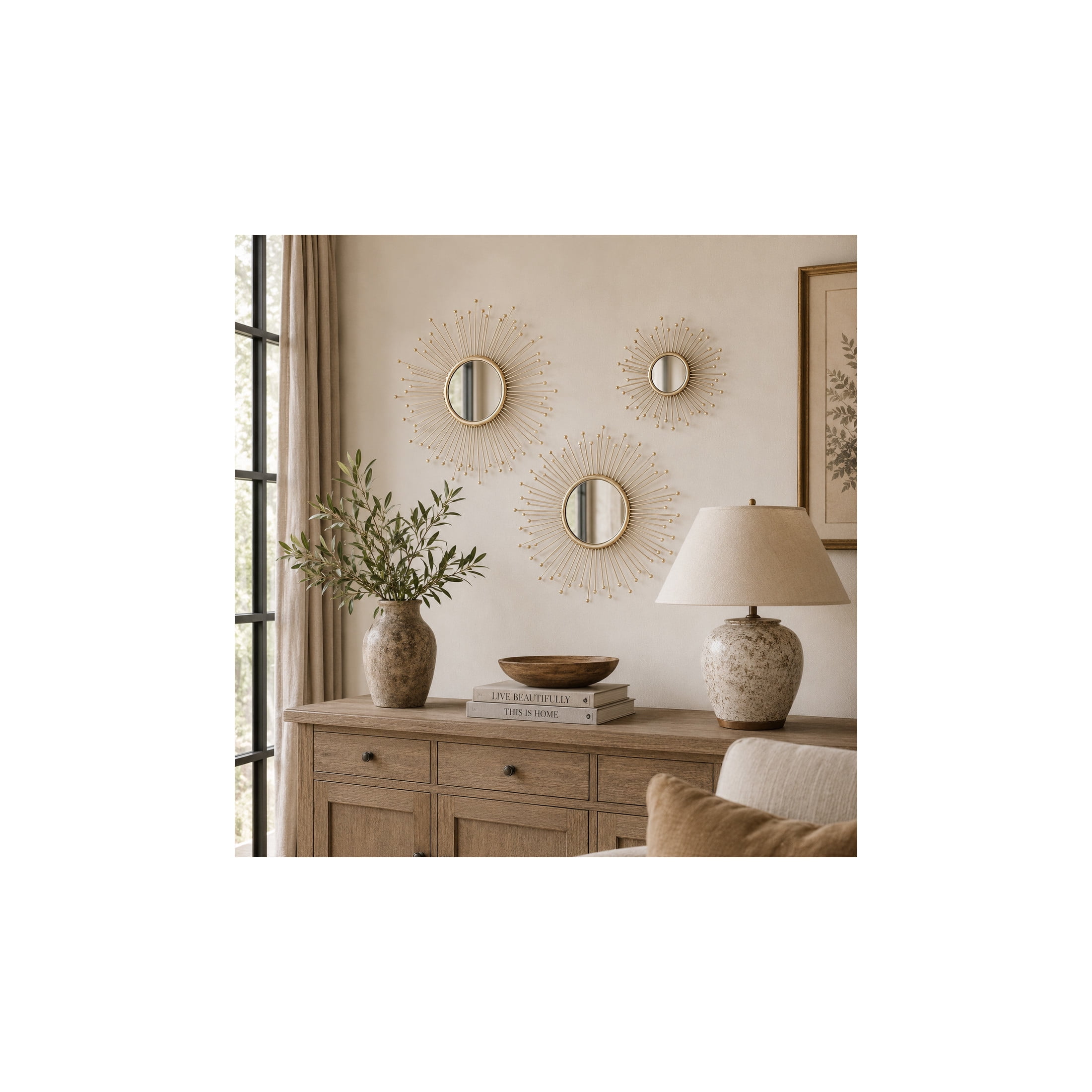 DecMode 16", 15", 12"D Gold Starburst Wall Mirror, Set of 3