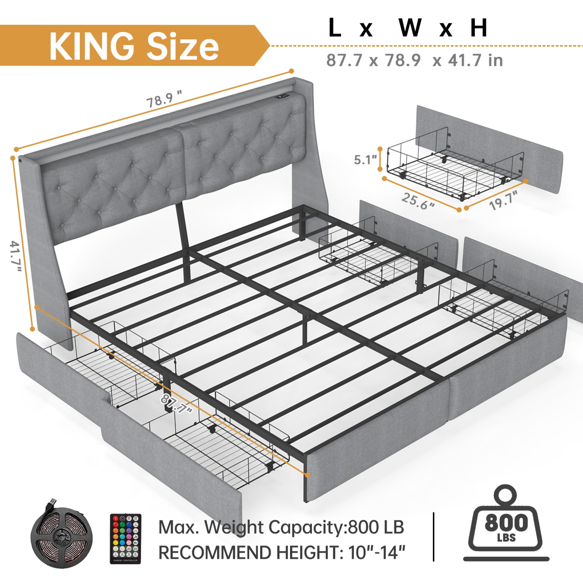 HOQBN King Size Bed Frame with Storage Headboard and 4 Drawers, Metal Bed Frame Platform with LED Light, Charging Station, No Box Spring Needed