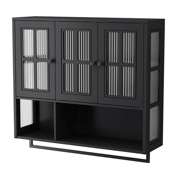 S-HOME Modern Minimalist Wooden Wall-Mounted Cabinet with 3 Doors, Glass and Open Storage for Bathroom and Living Room, Black