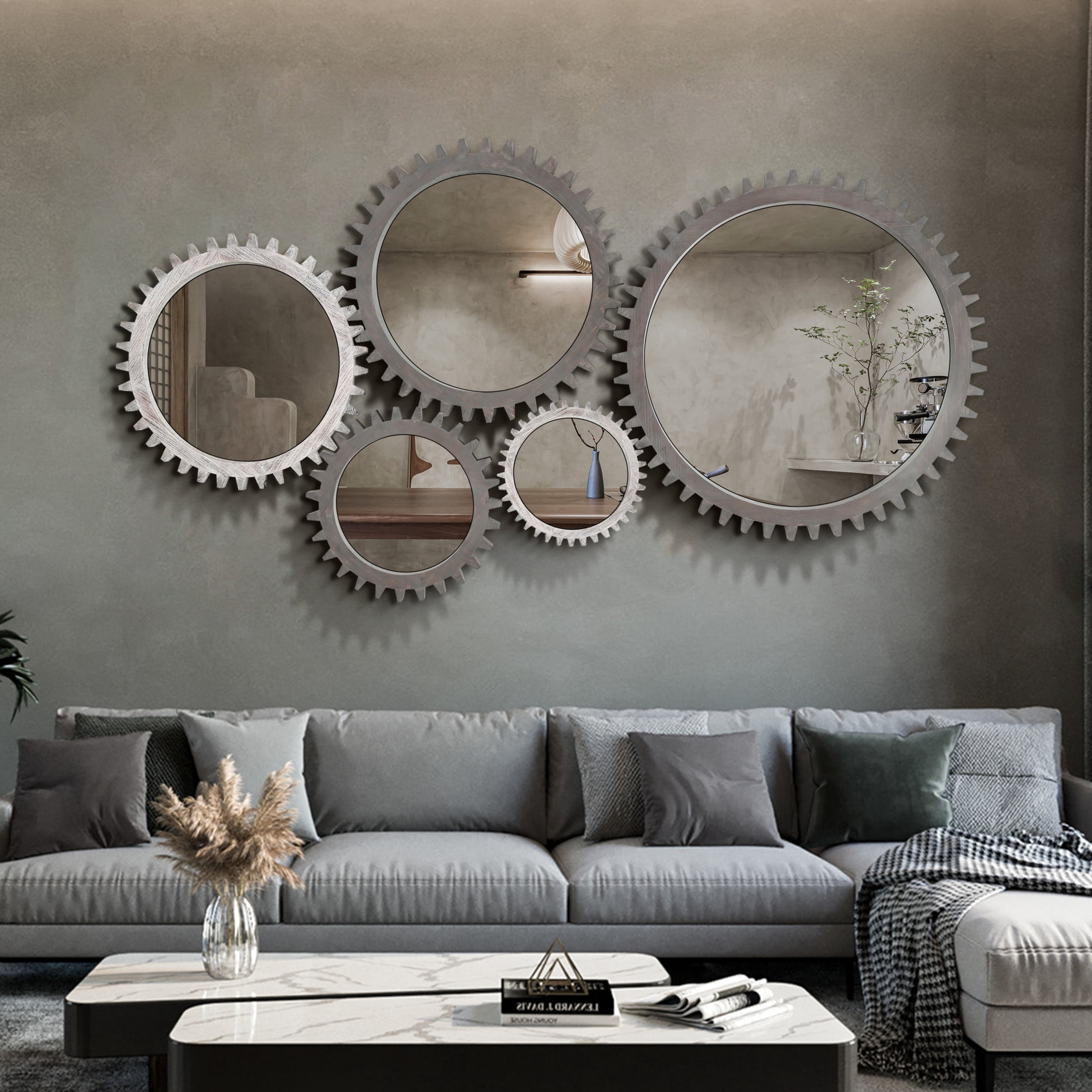 Noble House Vintage 42'' Wood Round Hanging Gear Shape Heavy Decorative Mirror For Bathroom Living Room Entryway, Dark Brown