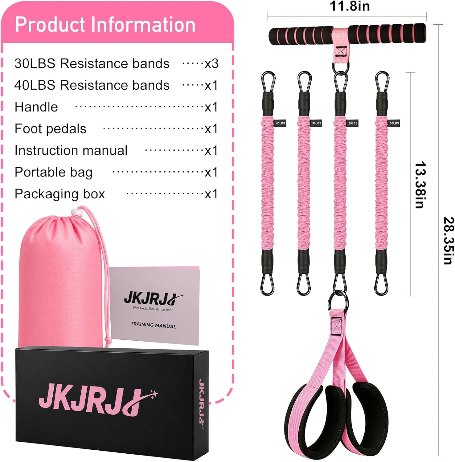 Multifunction Pedal Resistance Band with Handles, 4 Bands Set (30/30/30/40LB) Adjustable Full Body Workout Equipment for Home Gym