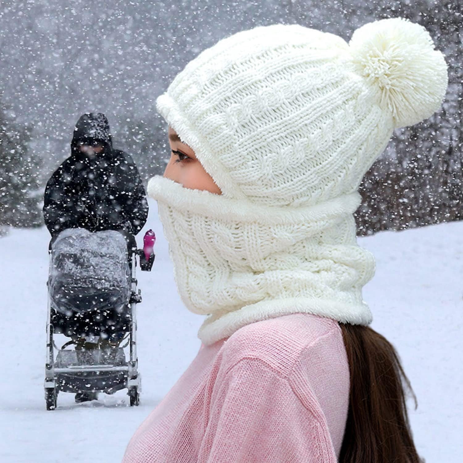 Zhengup Women Winter Beanie Hats One Piece Fleece Lined Knit Balaclavas Mask Set Skull Neck Circle Scarf Ski Snow Hat Pompom