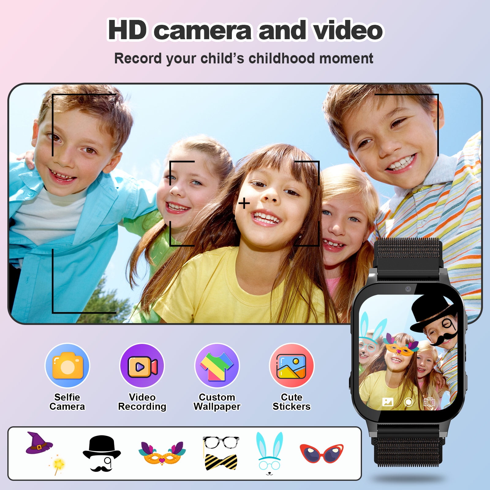SHANNA Kids Smart Watch for Boys Girls Aged 4-12,  1.83'' HD Touch Screen with 30 Games and 140 Learning Cards, Music Player Camera Pedometer Story Telling, Black