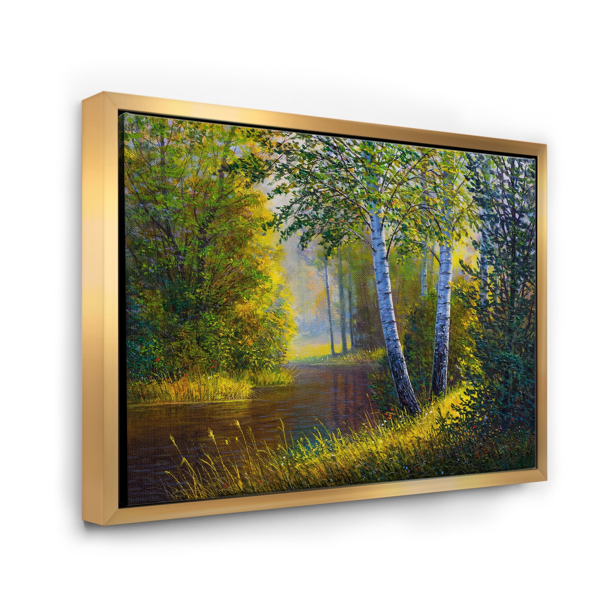 Designart 'Sunrise Glow Through The Birches II' Lake House Framed Canvas Wall Art Print