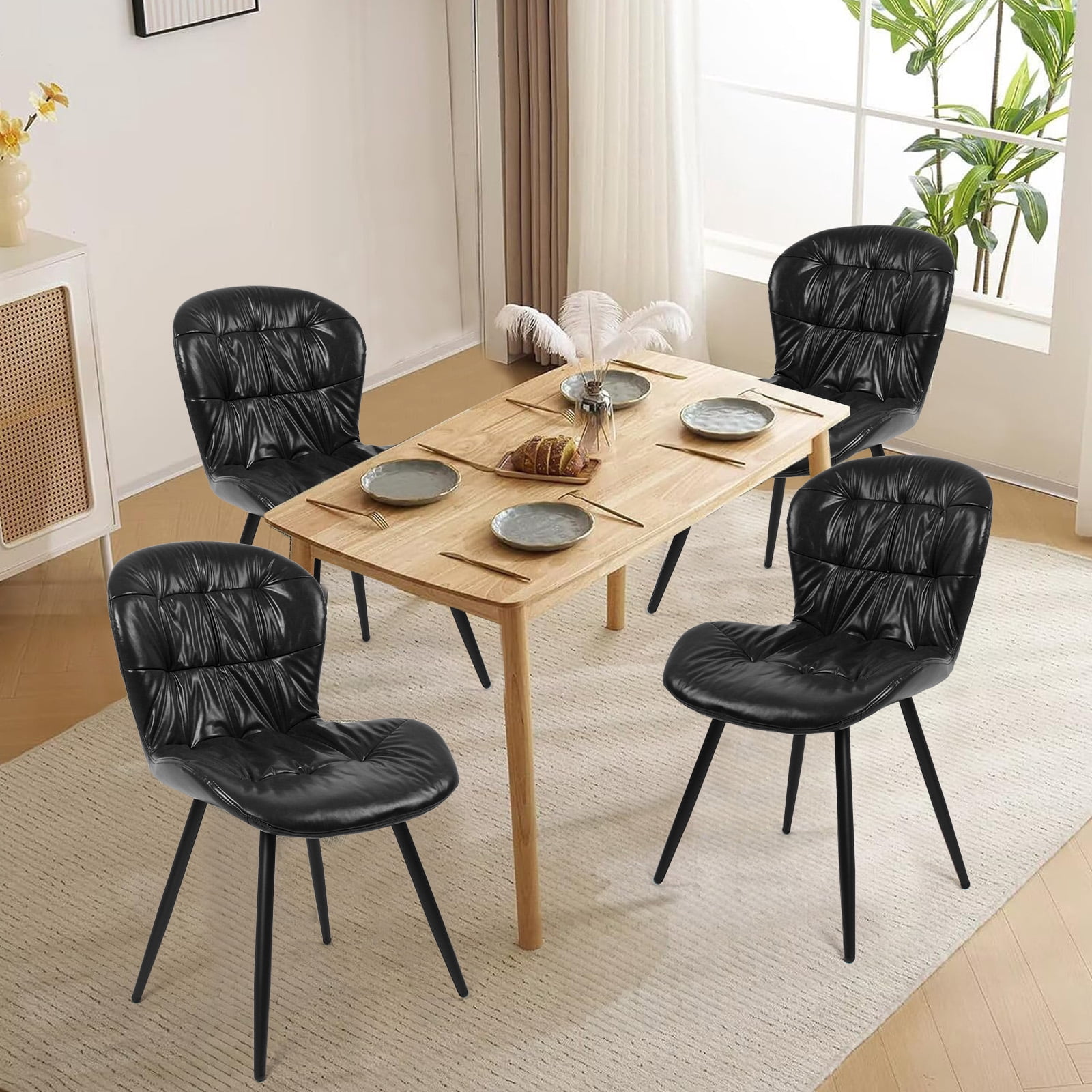 Set of 2 Black Ergonomic Chairs, Polyurethane Faux Leather with Rubberwood Frame, Thick Foam Cushion, Metal Legs, Scratch & Stain Resistant, 300 lbs Capacity