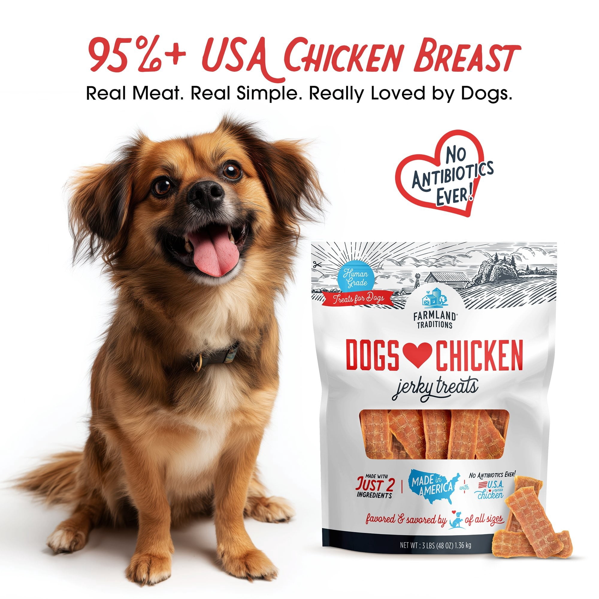 Farmland Traditions Dogs Love Chicken Jerky Dog Treats, Premium Two-Ingredient Dog Jerky with USA-Raised, Human-Grade Chicken & No Antibiotics Ever, 3-Pound Bag
