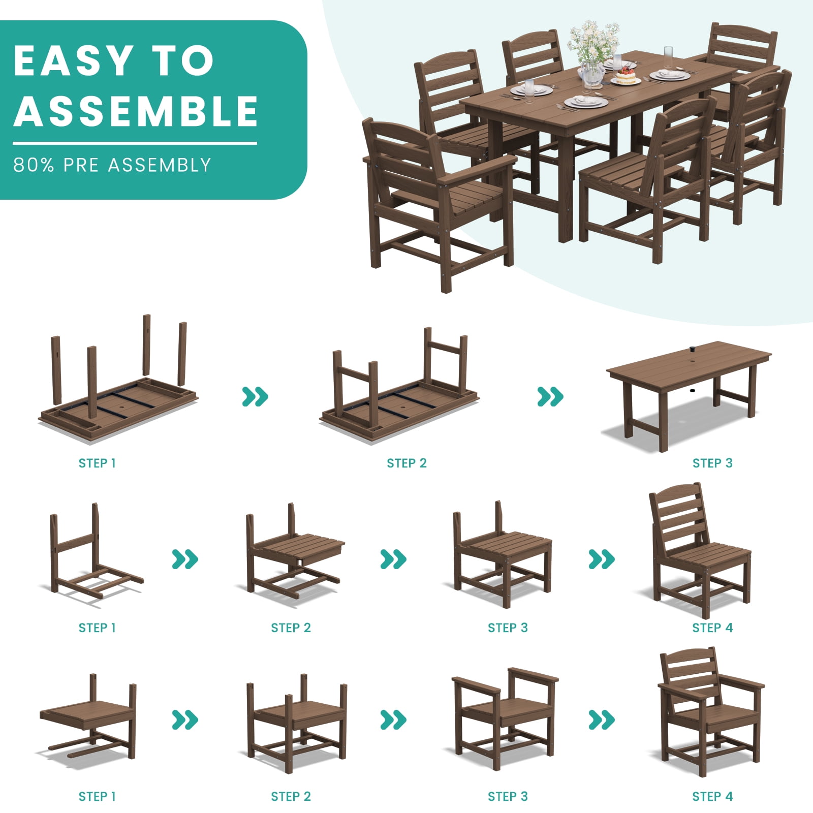 LOYALICE 7 PC Outdoor Patio Furniture Set, Patio Dining Sets, 6 Chairs and 1 Table, Brown