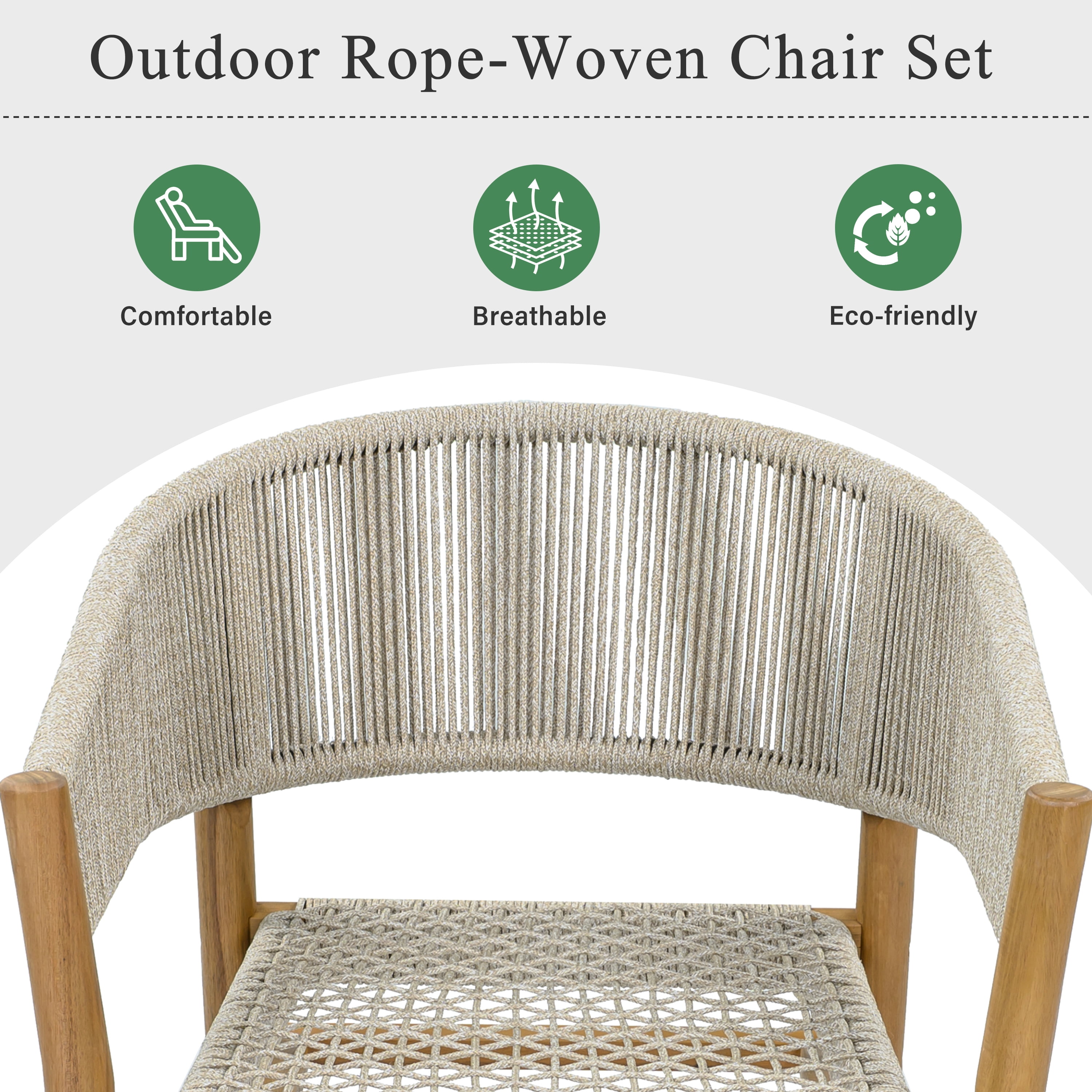 Rope Design Accent Chairs Set of 2, Outdoor Patio Seating Furniture, Teak Finish and Natural Rope