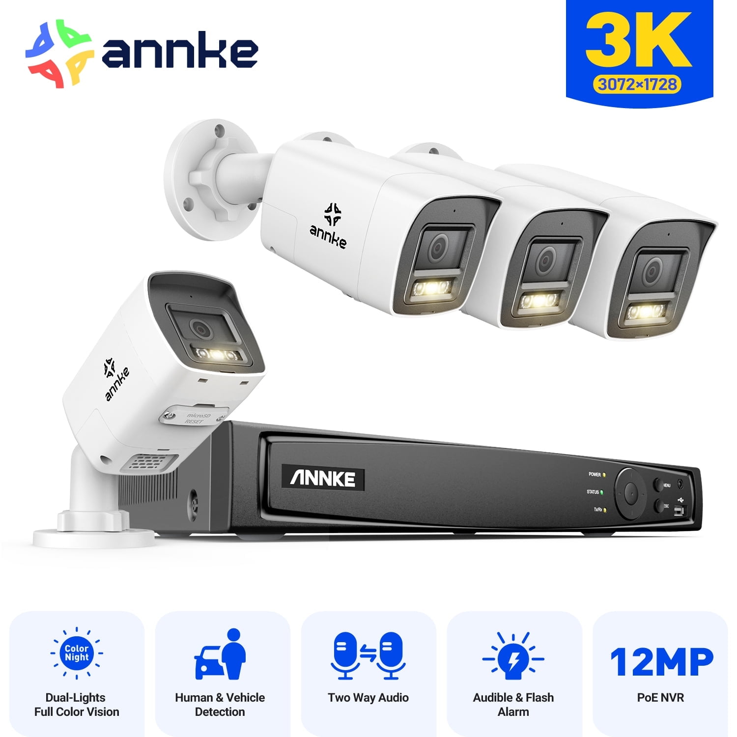 ANNKE 3K PoE Outdoor Security Camera System, 8CH 12MP NVR and 4pcs 5MP PoE Surveillance IP Bullet Camera with Smart Dual Light, Audible Alarm, Color Night Vision, IP67 Waterproof, NO HDD
