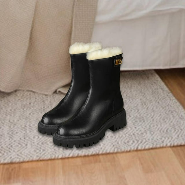 Botas de cuero de invierno para mujer a la moda, botines antideslizantes, cómodos zapatos informales con forro cálido, botas de nieve para clima frío , negro, 38