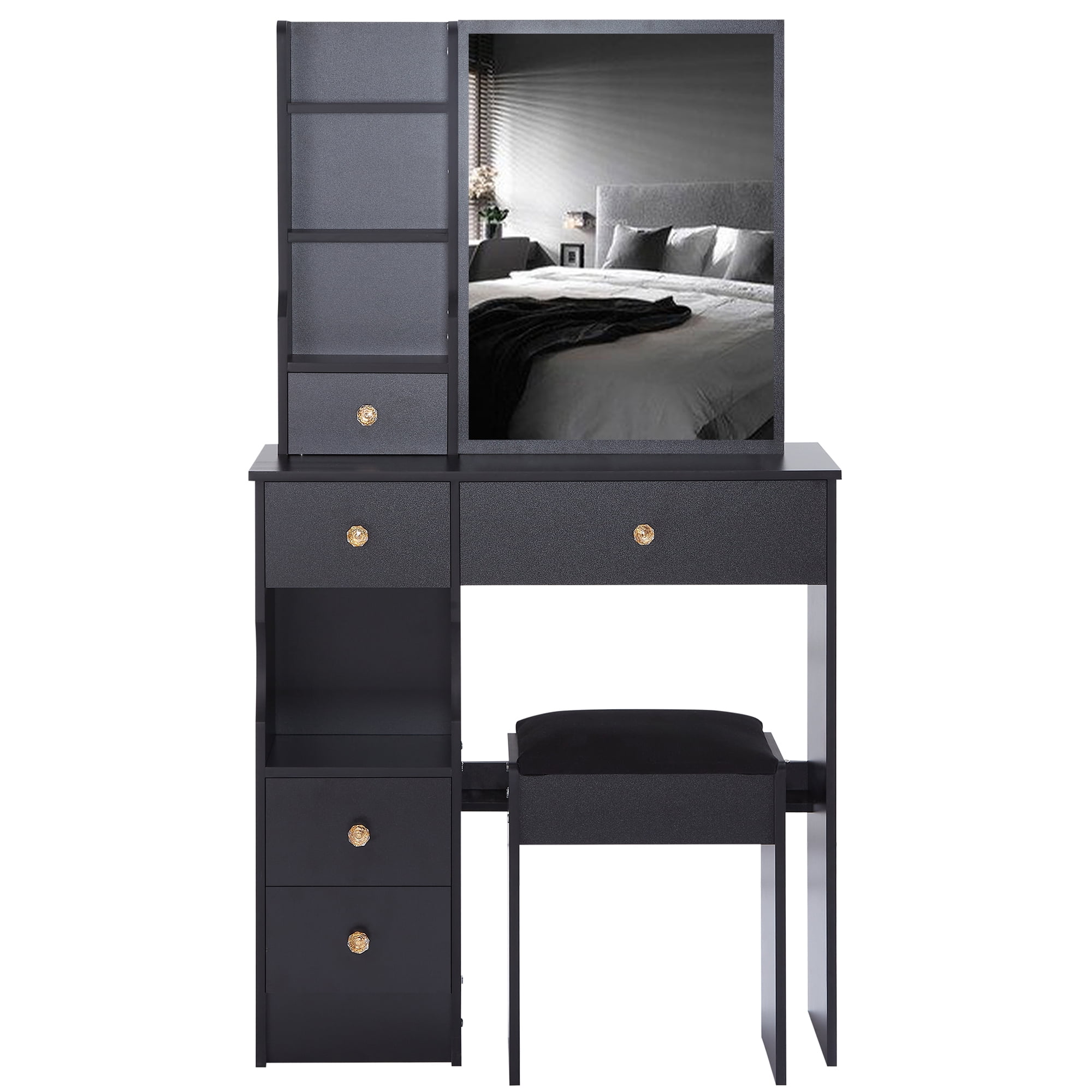 29.2" Small Space Left Drawer Desktop Vanity Table + Cushioned Stool, Extra Large Right sliding mirror, Multi Layer High Capacity Storage, Practical Fashionable Dresser, Suitable For Small Space
