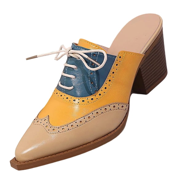 DeHolifer Wingtips Oxford Shoes for Women Lace-Up Cutout Brogues Saddle Shoes Vintage Low Block Heel Almond Toe Non-Slip Work Lightweight Casual Shoes