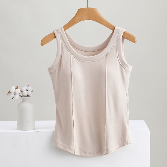 Ovbmpzd Tank Top Women Ribbed Spaghetti Straps with Built in Bra Beige Cotton Shirts Sleeveless Spring Summer Camisole Tops for Women L