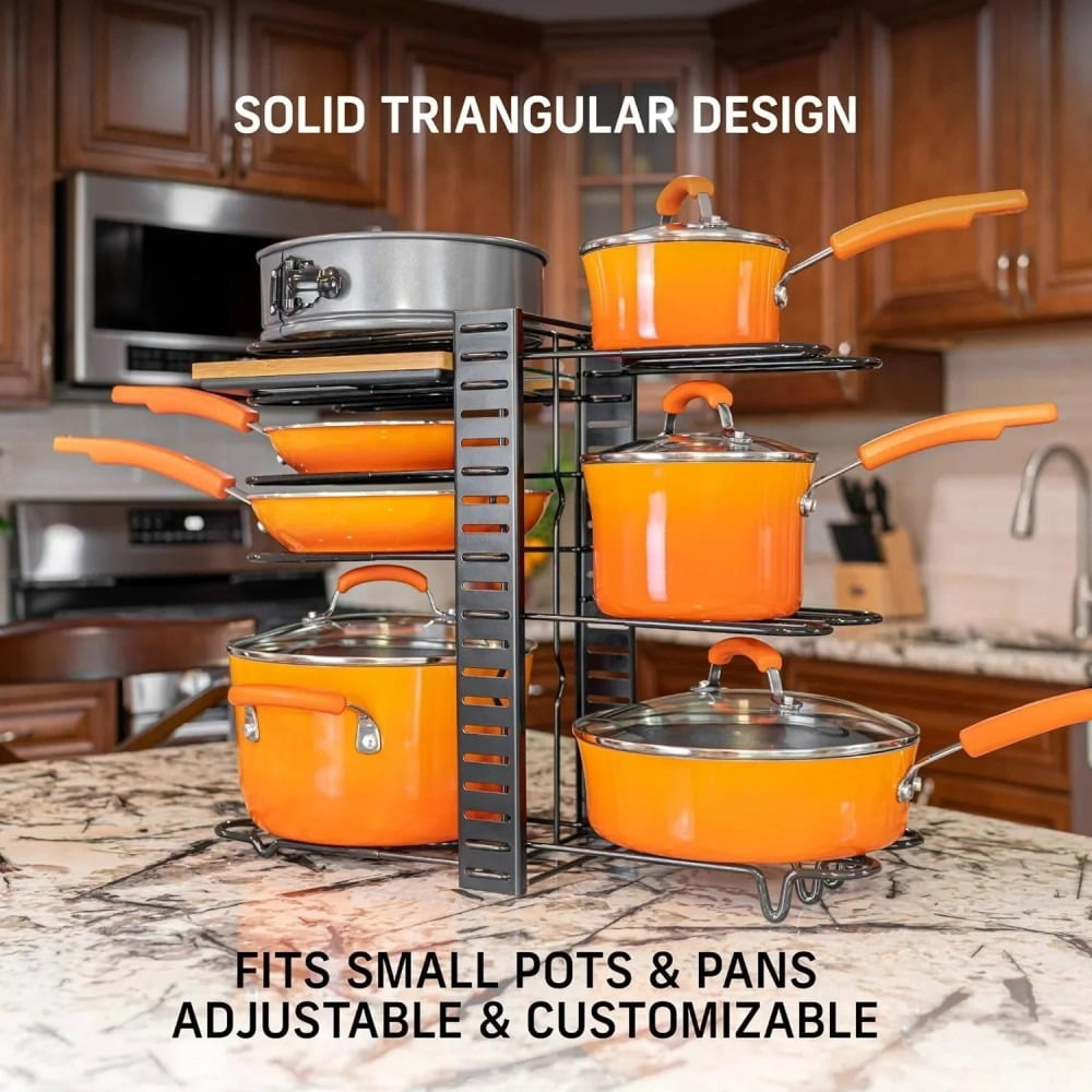 8-Tier Adjustable Pots and Pans Organizer Under Cabinet – Heavy-Duty Kitchen Storage Organization Rack for Cookware, Lids & Cutting Boards – DIY Cabinet Organizer, Under Sink Organizer