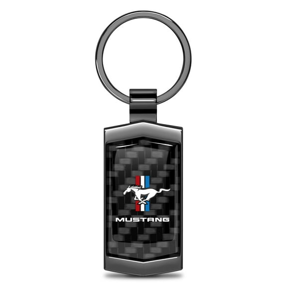 iPick Image for Ford Mustang Tri-Bar Real Black Carbon Fiber Gunmetal Metal Case Key Chain, Official Licensed