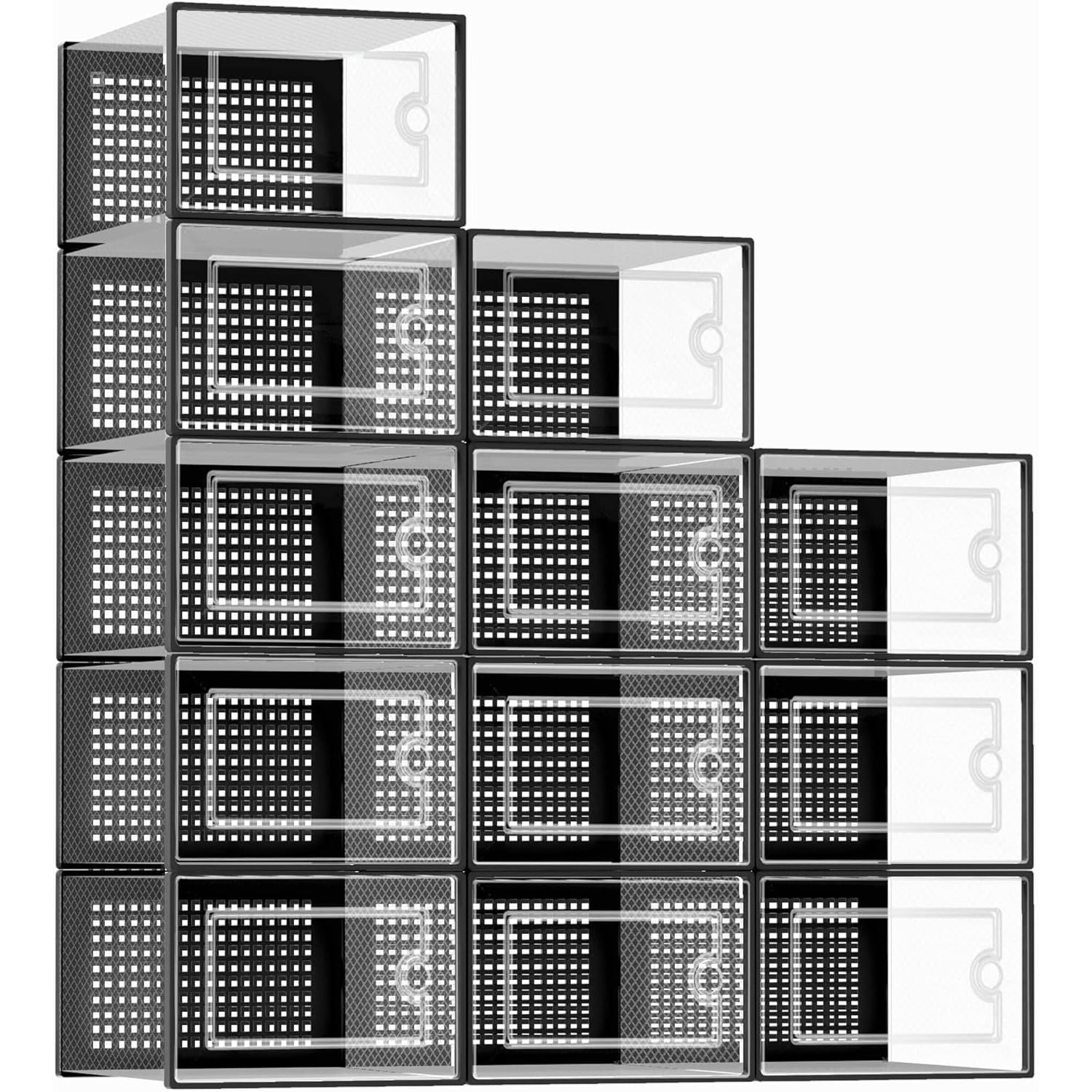 X-Large Shoe Storage Boxes Organizers Clear Plastic Stackable 12 Pack Shoe Rack & Holder Substitute Sneaker Containers Toy Storage Organizer Bins for Entryway Closet Under Bed Black