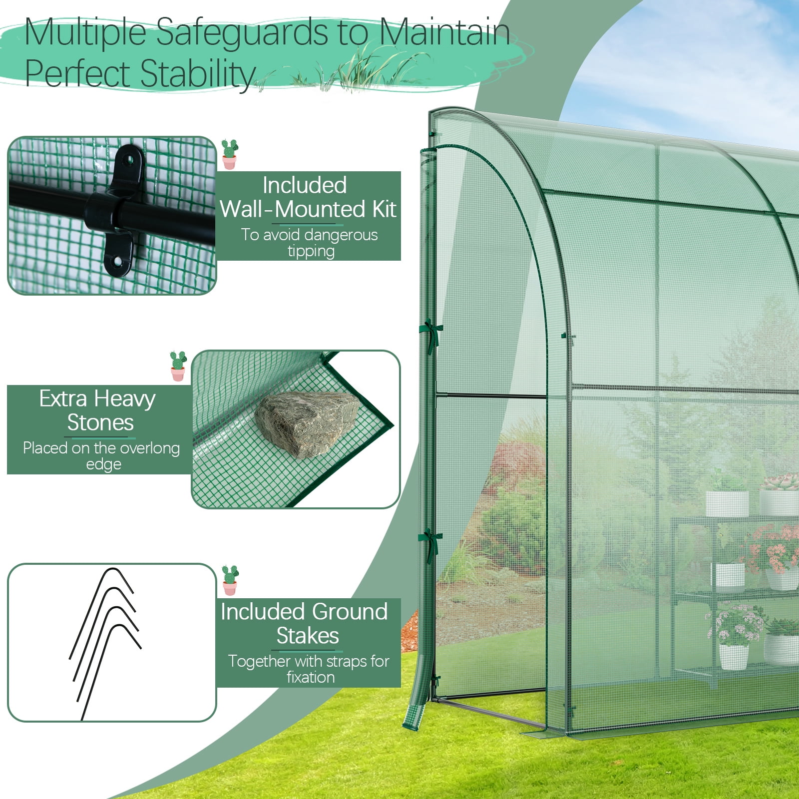 Patiojoy Lean-To Walk-In Greenhouse with Flower Rack 7’ x 3.5’ x 7’ Wall Green House with Roll-Up Doors Waterproof PE Cover & Metal Frame