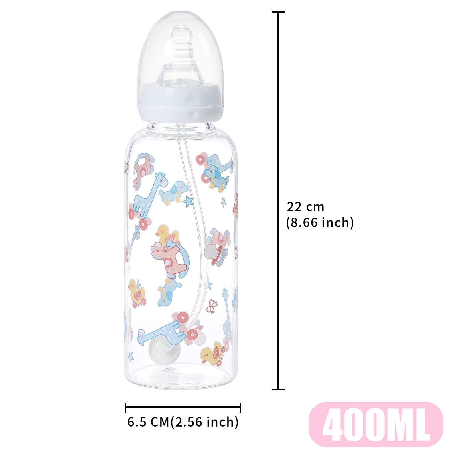 CutiePlusU Adult Glass Feeding Bottle Cute Printed Large Size Baby Bottles 13.5Oz/400ML Rocking Fun