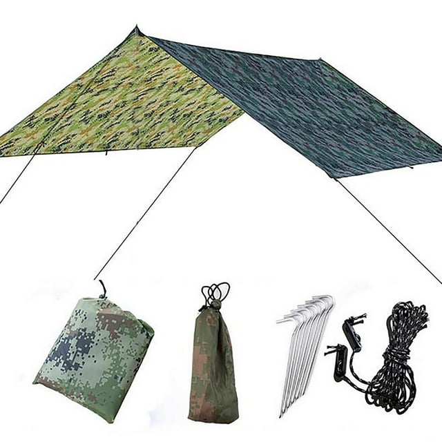 Bâche de Camping 3x3 m avec 6 Cordes et Mâtx en Aluminium, Abri Léger et Imperméable pour la Randonnée