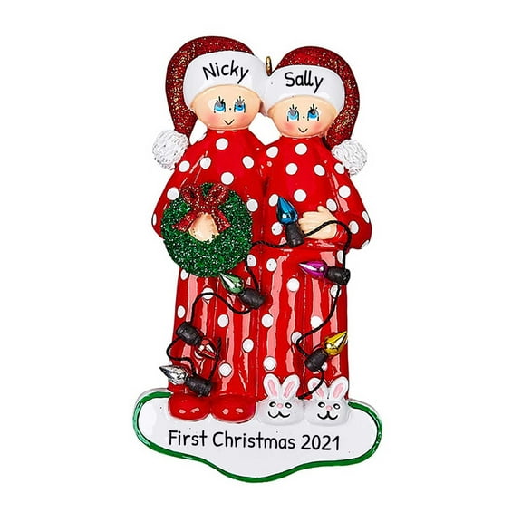 Personalized Couple in Red Pajamas Christmas Tree Ornament 2024 - Engagement Gifts for Couples