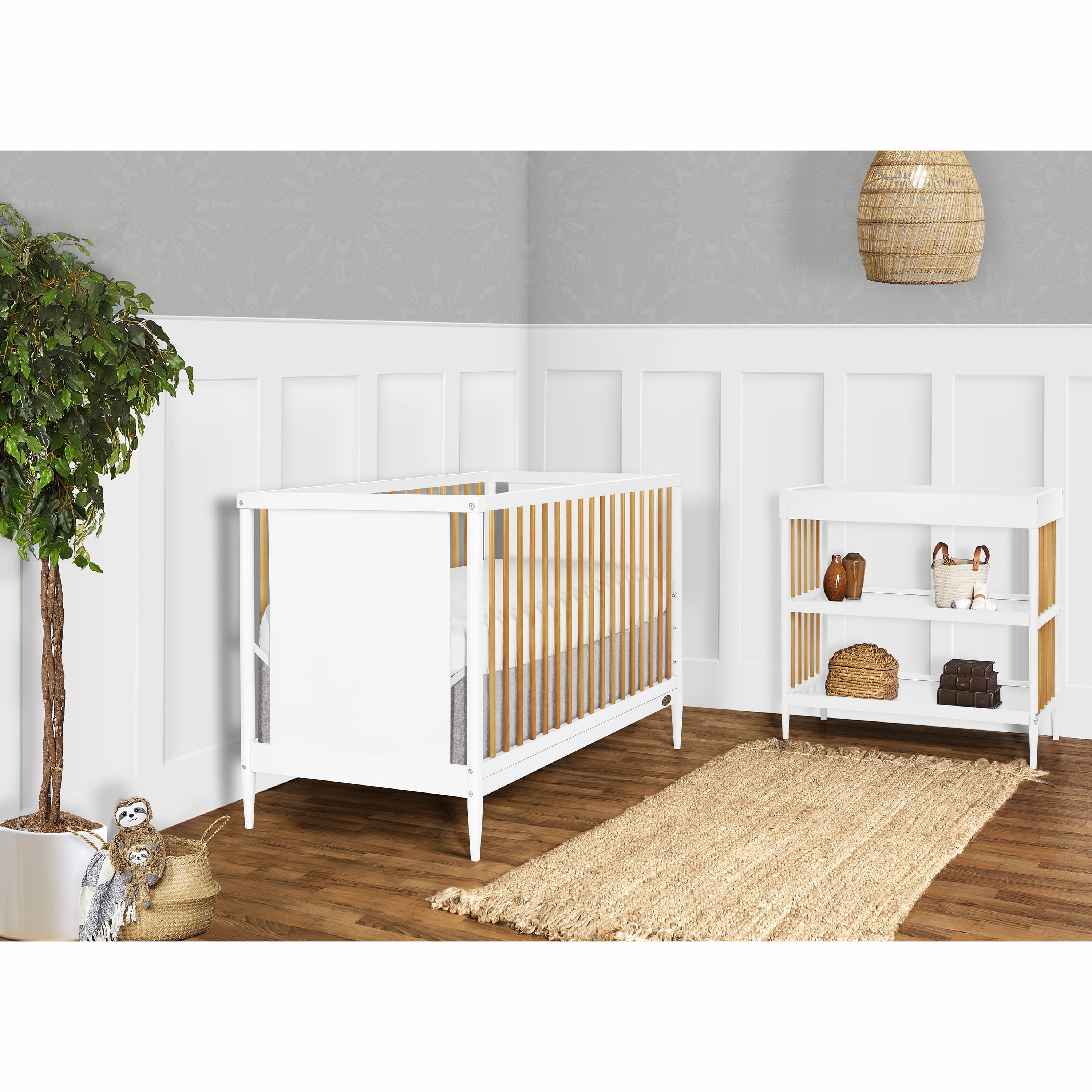 Bundle of Dream On Me Clover 4 in 1 Modern Island Crib with Rounded Spindles, Dream On Me Clover Changing Table, with a Dream On Me Honeycomb Firm Fiber Standard Crib Mattress, White And Natural